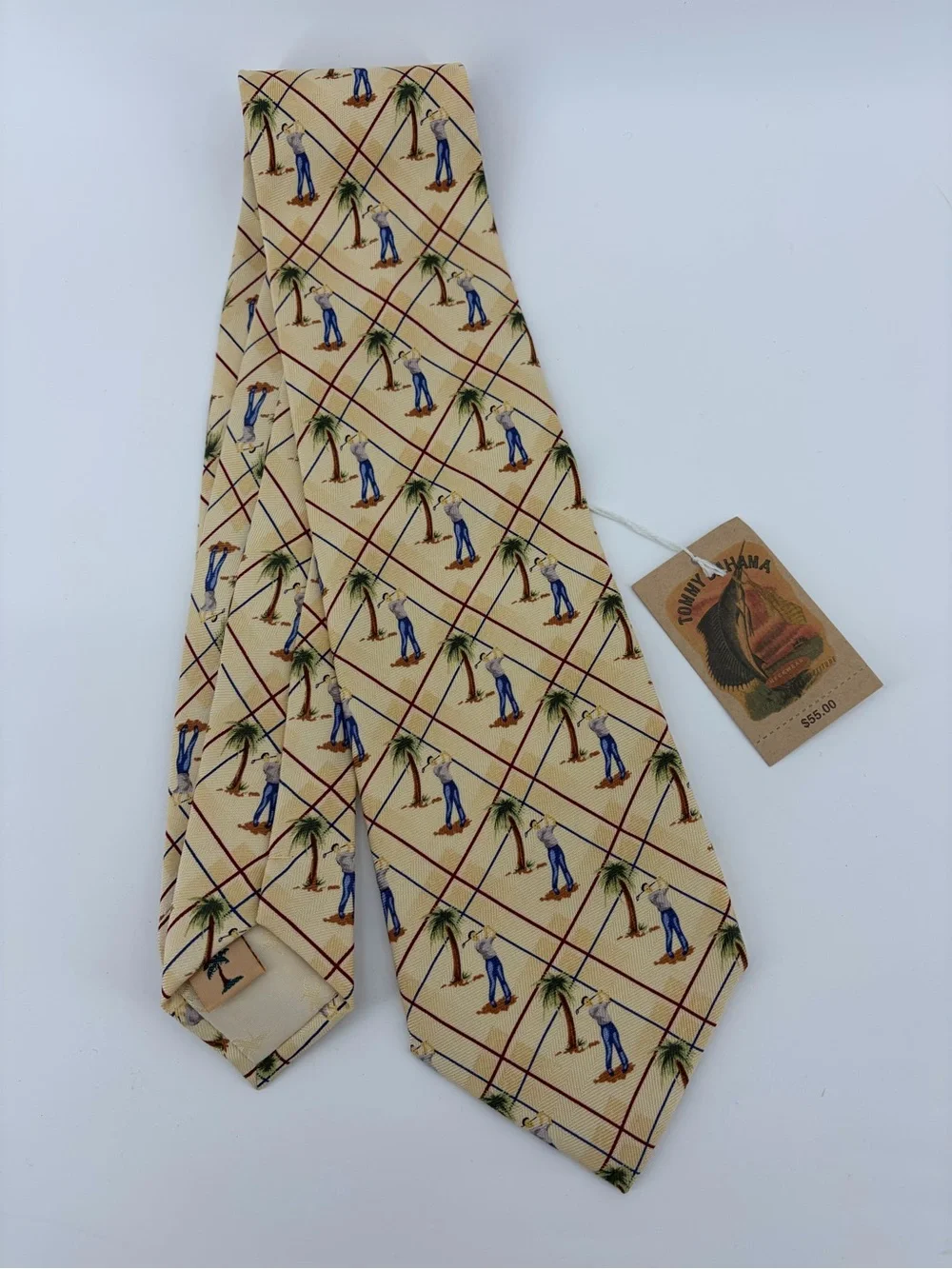 Tommy Bahama Men's Yellow Palm Tree & Golfer Pattern Neck Tie 100%‎ Silk NWT